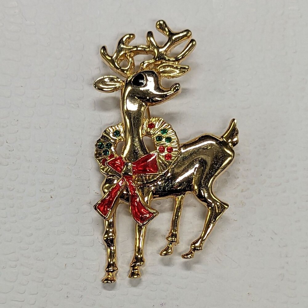 Vintage Gold-Tone Enamel Reindeer Brooch Pin With Red Bow & Wreath